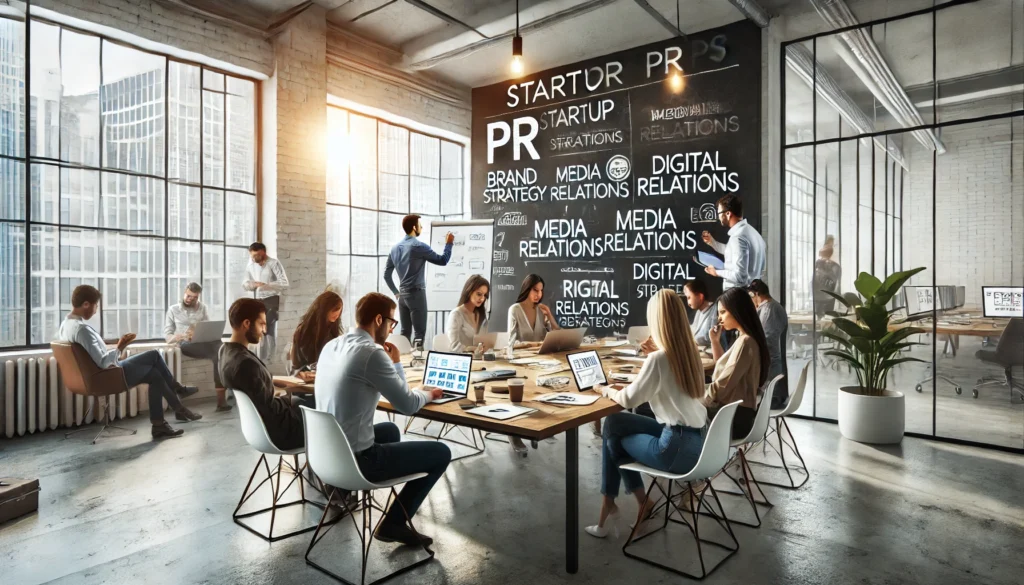 Equipe de startup em uma reunião de assessoria de imprensa em um escritório moderno, discutindo estratégias de mídia ao redor de uma mesa com laptops e uma lousa cheia de anotações